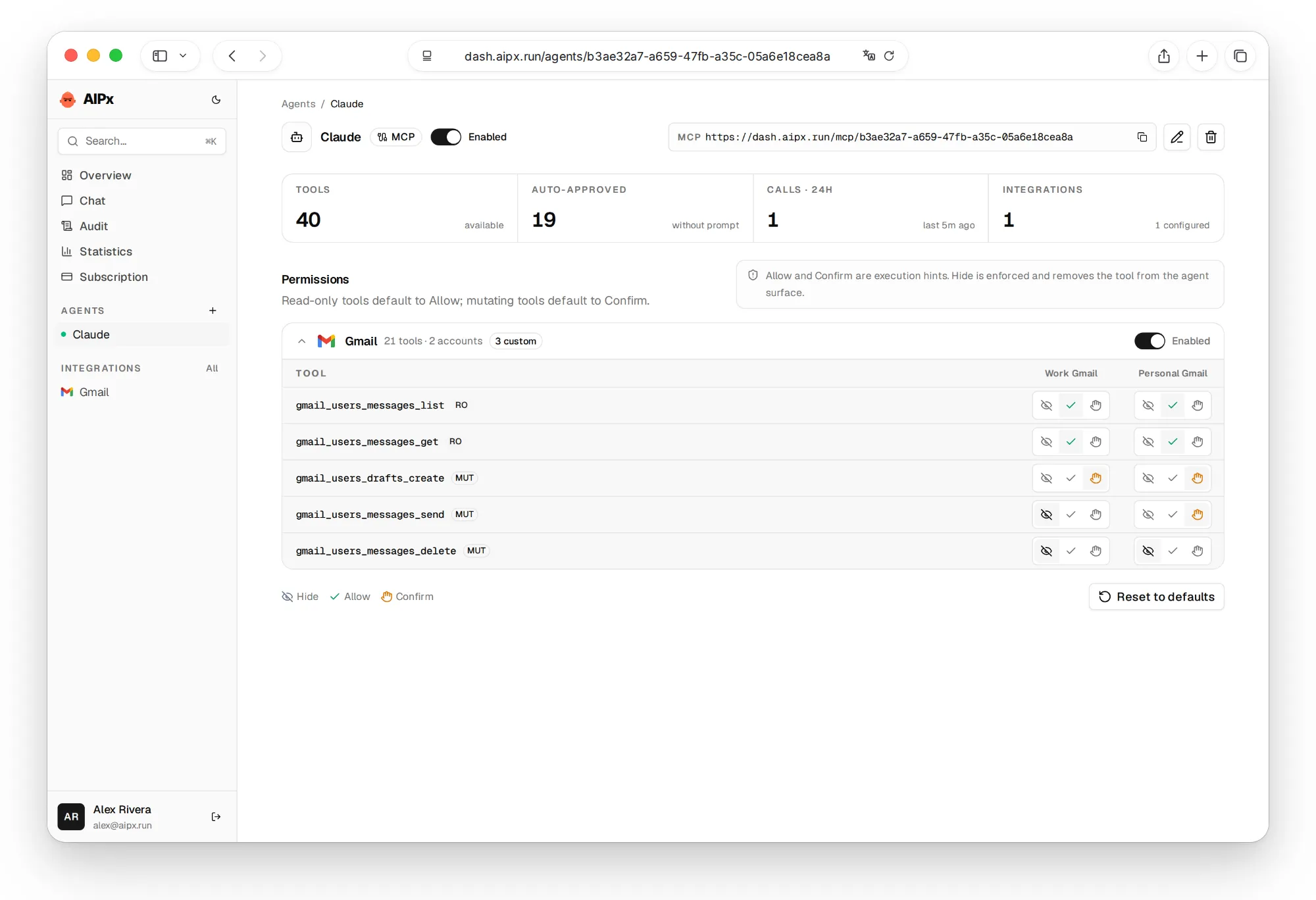 Gmail MCP server permissions per tool and per account in AIPx