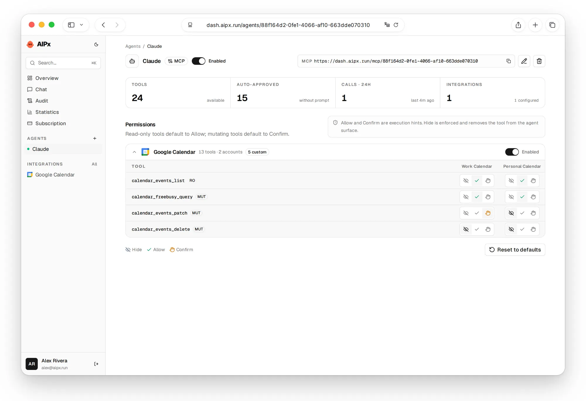 Google Calendar MCP server permissions in AIPx per tool and account