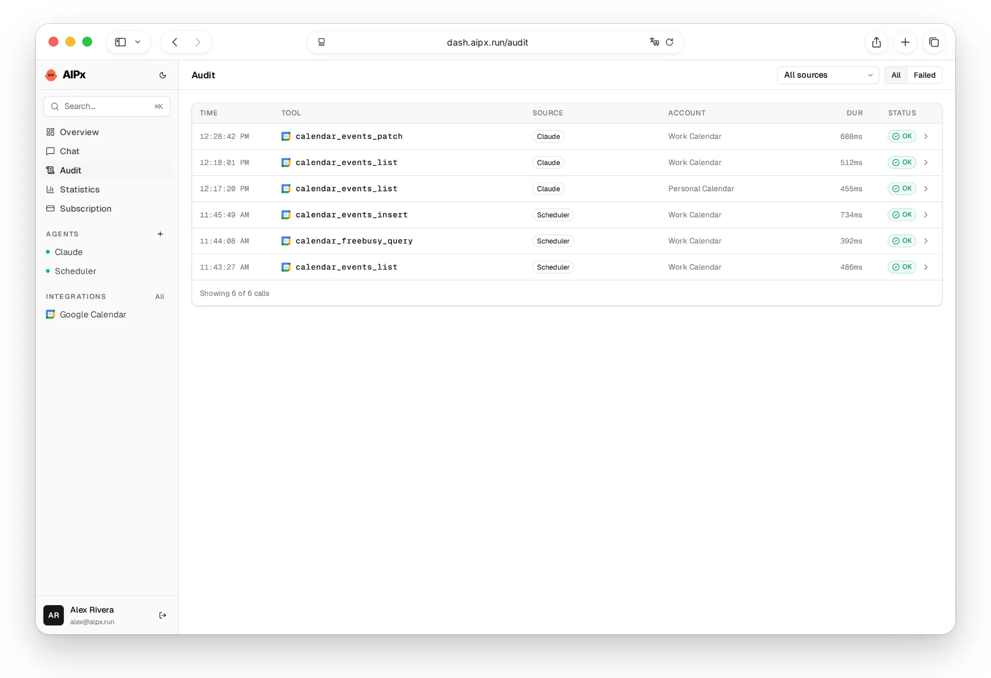 Audit log of Google Calendar MCP calls by account
