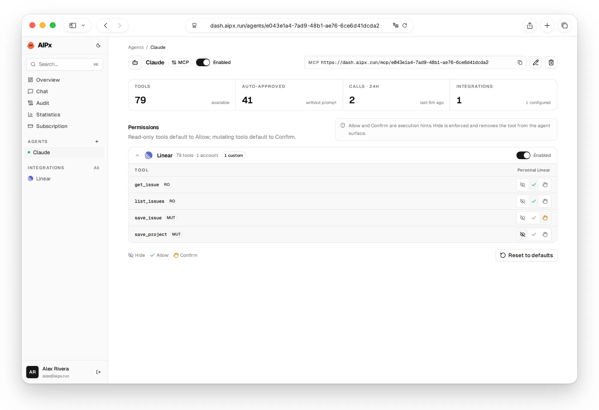 Linear MCP tool permissions per agent in AIPx