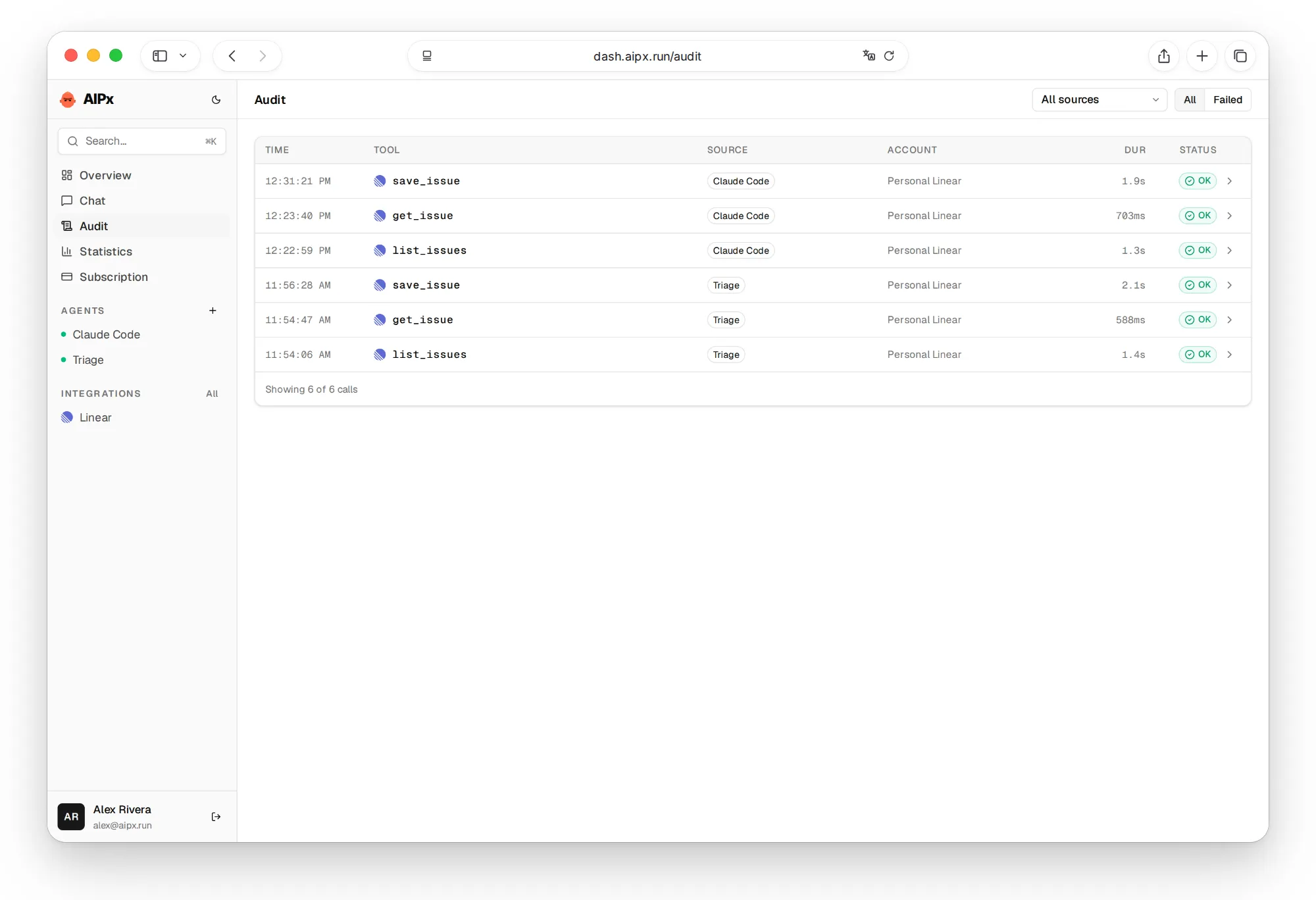 Linear MCP calls in the AIPx audit log