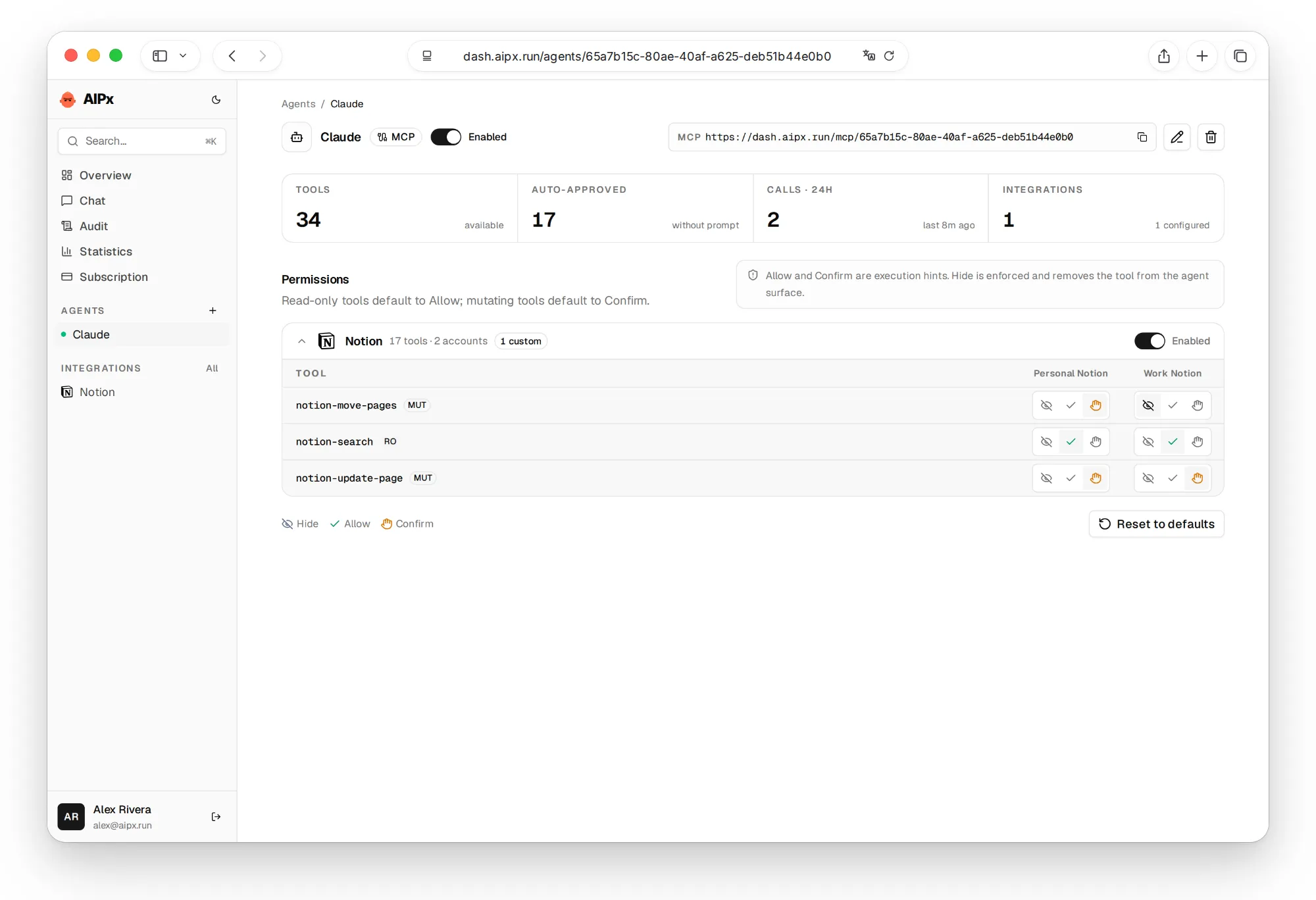 Notion MCP tool permissions for Personal and Work Notion accounts on one AIPx agent