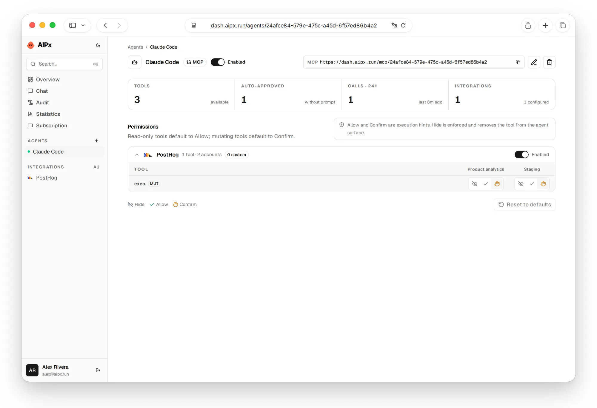 PostHog MCP server as one exec tool with Allow, Confirm or Hide in AIPx