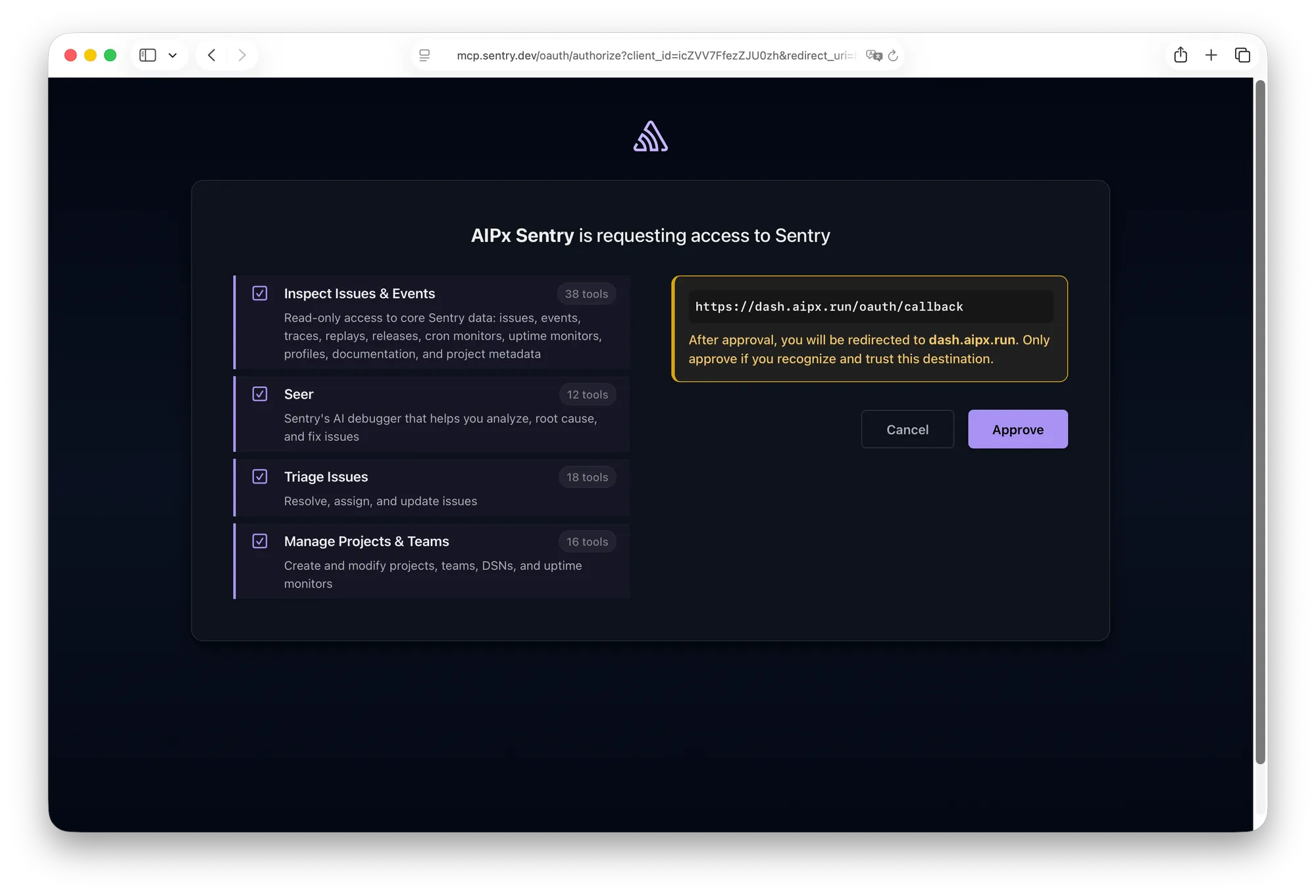 Sentry MCP OAuth screen with Inspect and Seer skills enabled