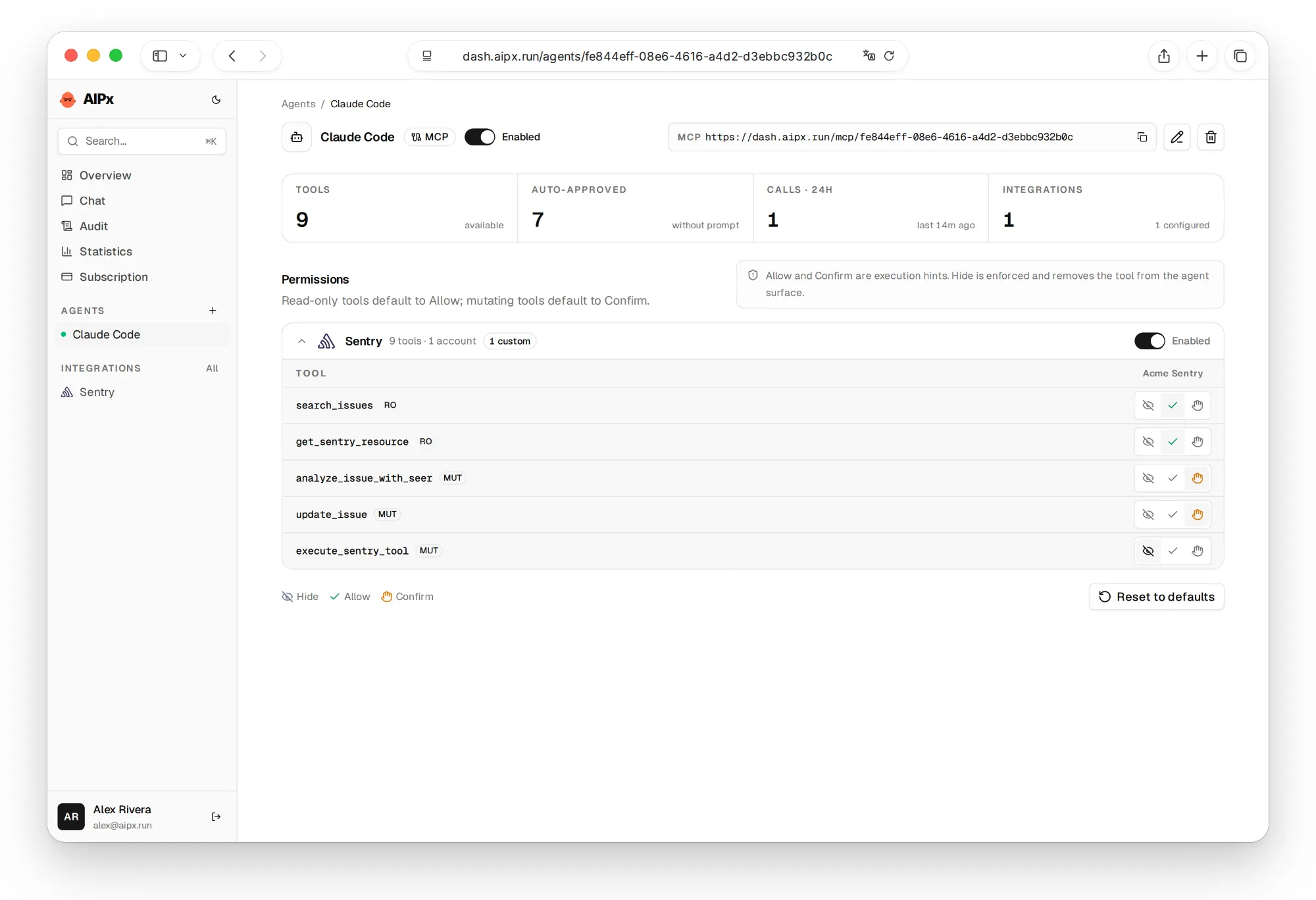 Sentry MCP server tool permissions in AIPx: Allow, Confirm, Hide