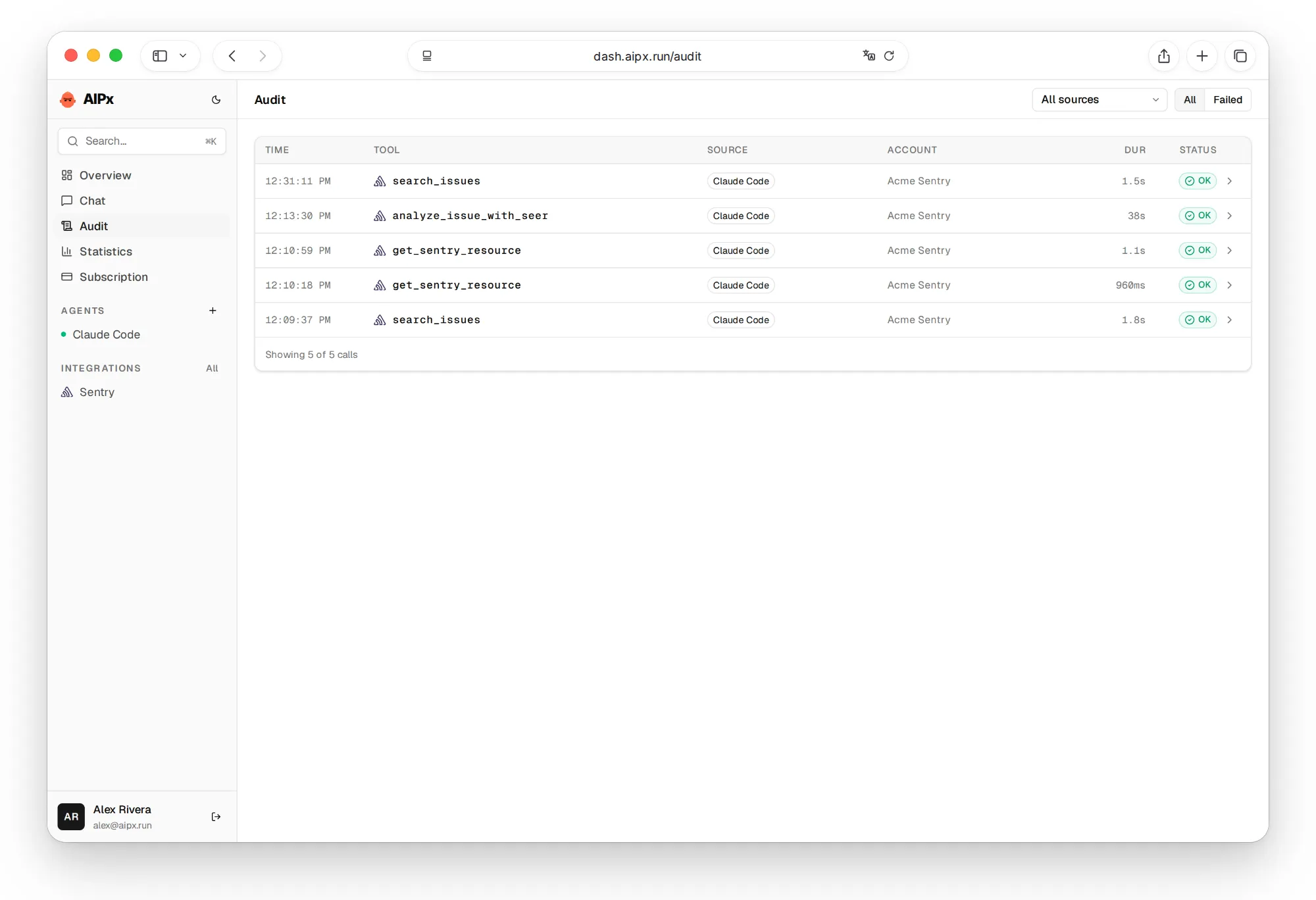 Sentry MCP calls in the AIPx audit log