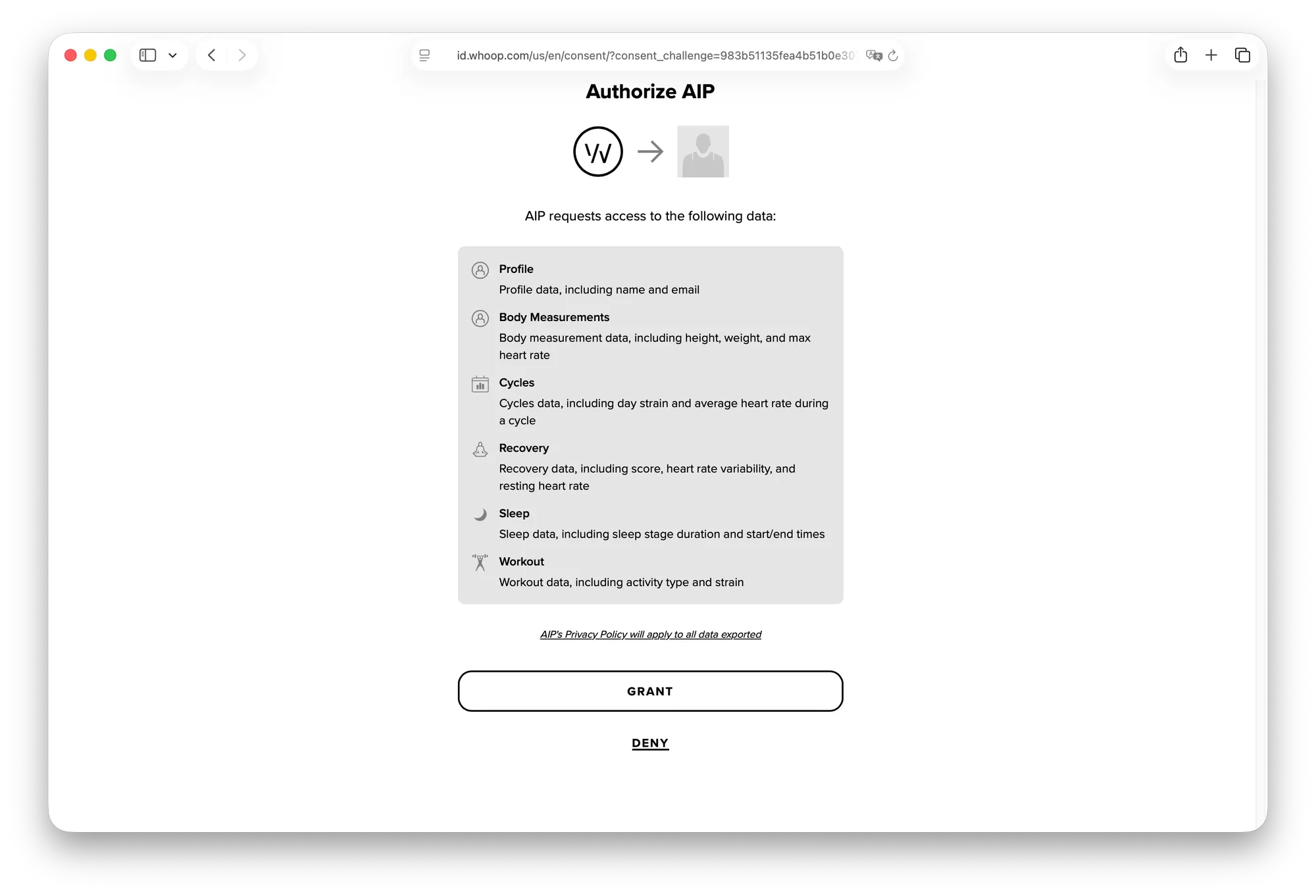 WHOOP OAuth consent screen when connecting WHOOP to Claude through AIPx