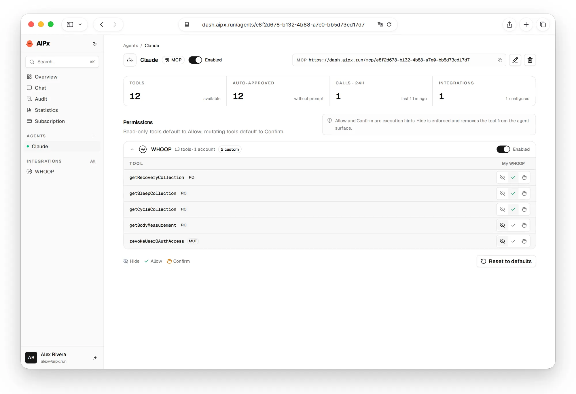 WHOOP MCP tool permissions for a Claude agent in AIPx